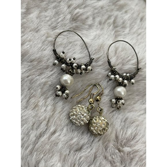 Black/White Beaded Hoop / White Rhinestone Round Dangle Earrings - 2 Pairs - Picture 3 of 12